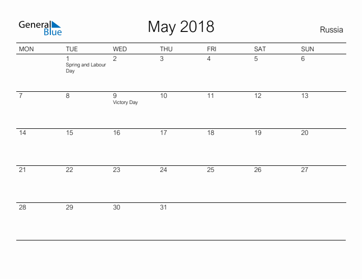 Printable May 2018 Calendar for Russia