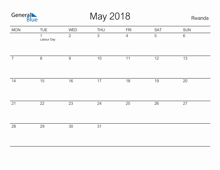 Printable May 2018 Calendar for Rwanda