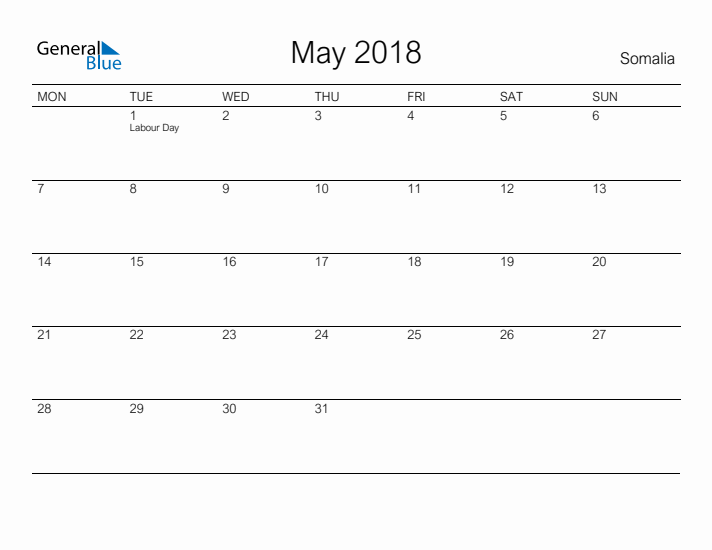 Printable May 2018 Calendar for Somalia