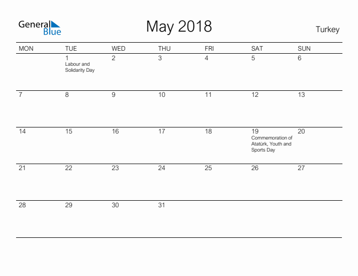 Printable May 2018 Calendar for Turkey