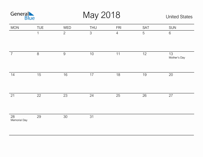 Printable May 2018 Calendar for United States