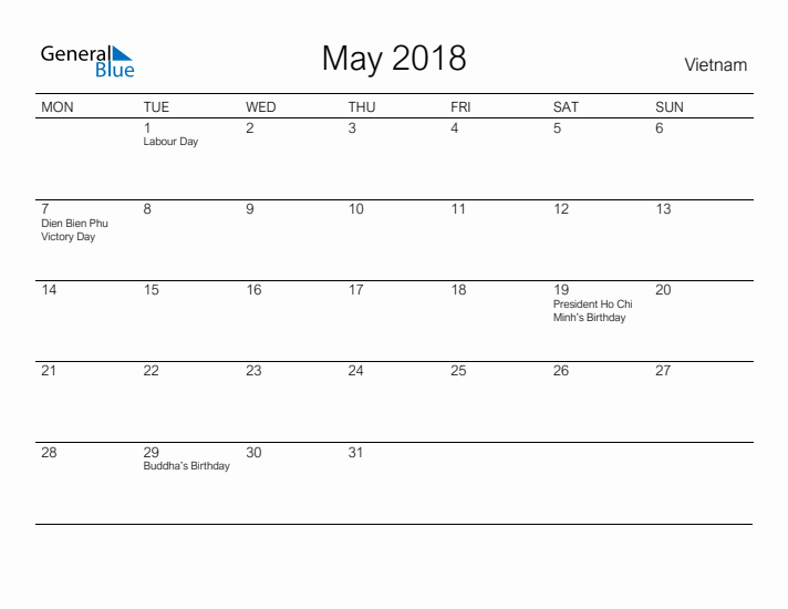 Printable May 2018 Calendar for Vietnam