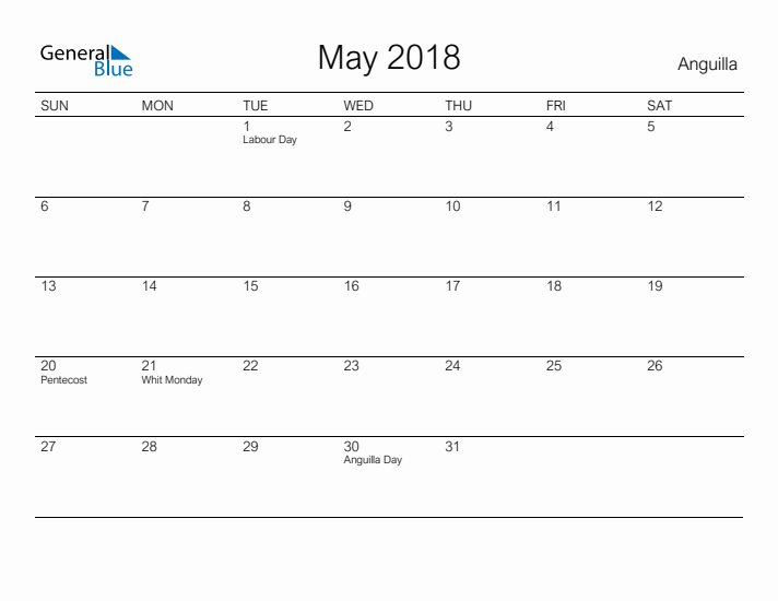 Printable May 2018 Calendar for Anguilla