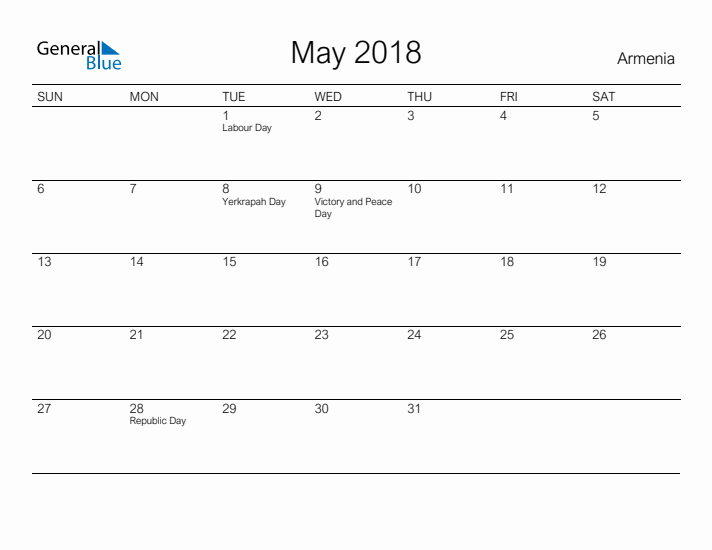 Printable May 2018 Calendar for Armenia