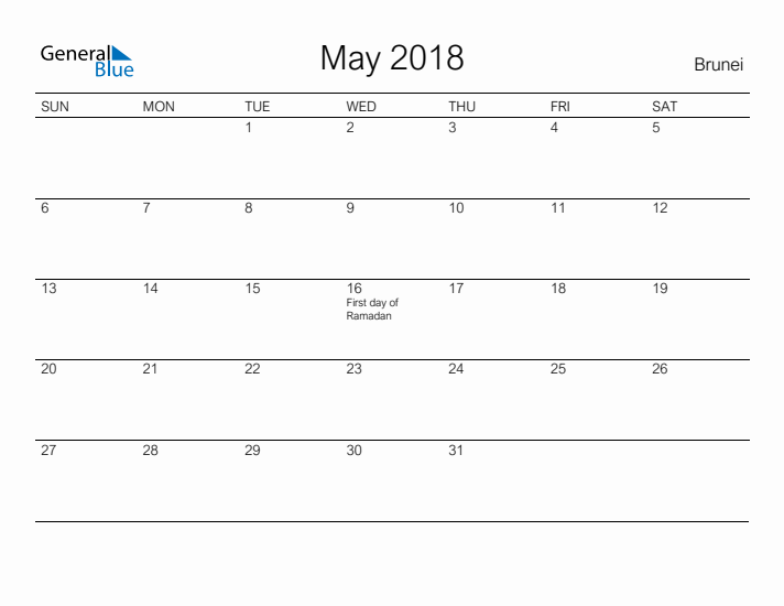 Printable May 2018 Calendar for Brunei