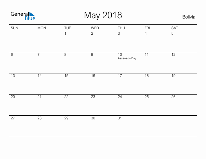 Printable May 2018 Calendar for Bolivia