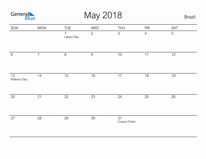 Printable May 2018 Calendar for Brazil