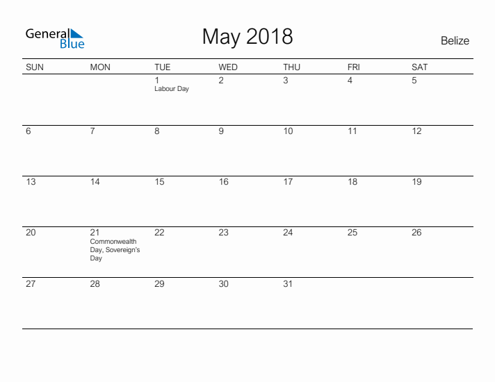 Printable May 2018 Calendar for Belize