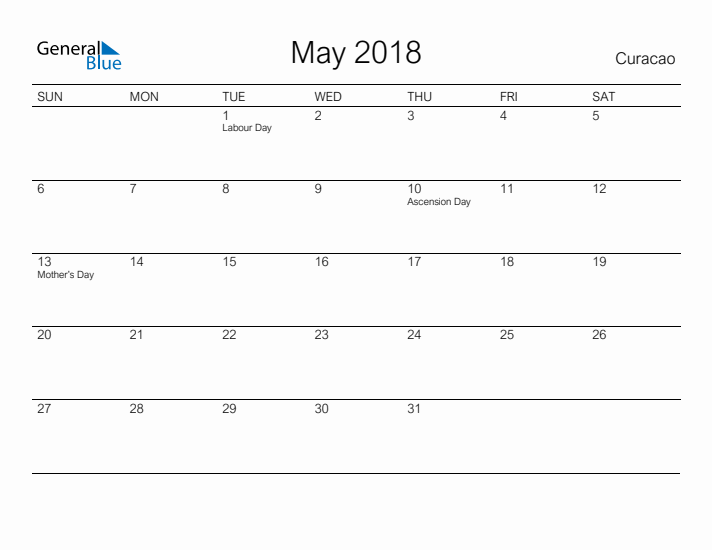 Printable May 2018 Calendar for Curacao