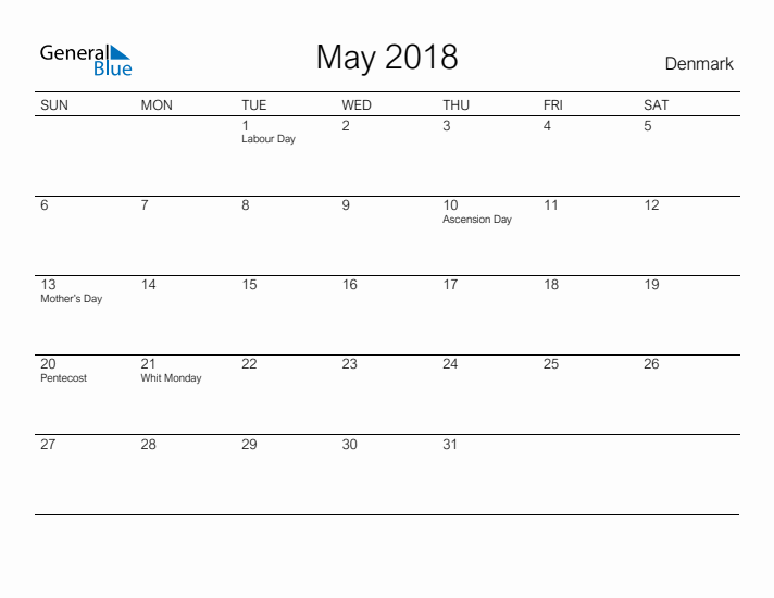 Printable May 2018 Calendar for Denmark