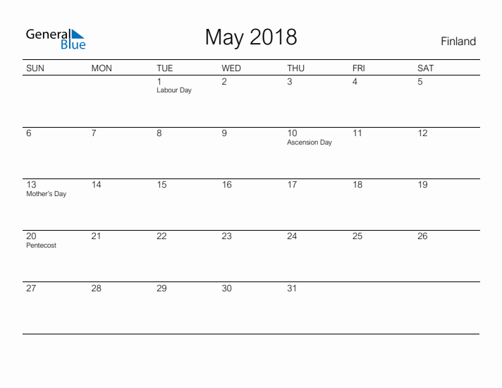 Printable May 2018 Calendar for Finland