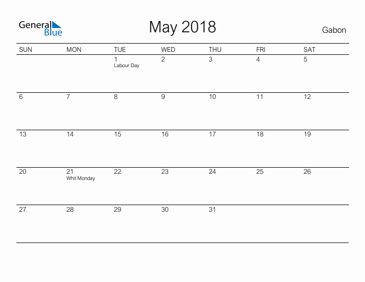 Printable May 2018 Calendar for Gabon