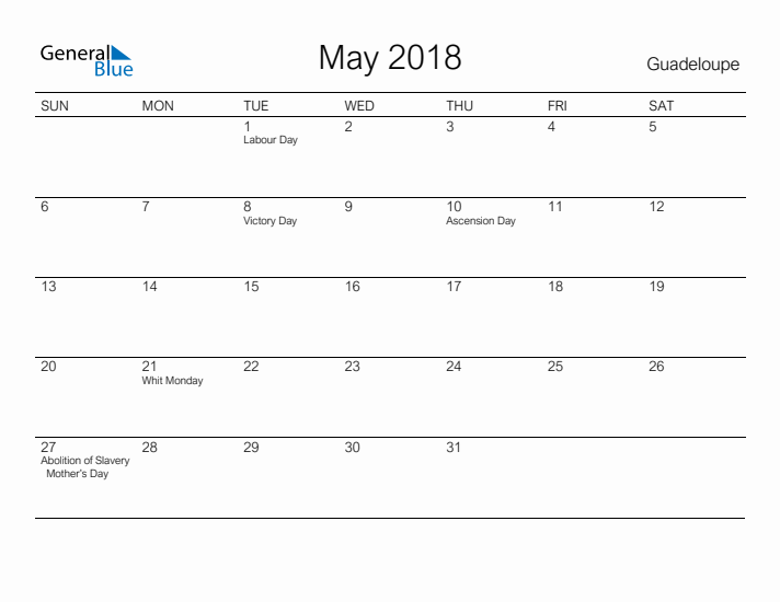 Printable May 2018 Calendar for Guadeloupe