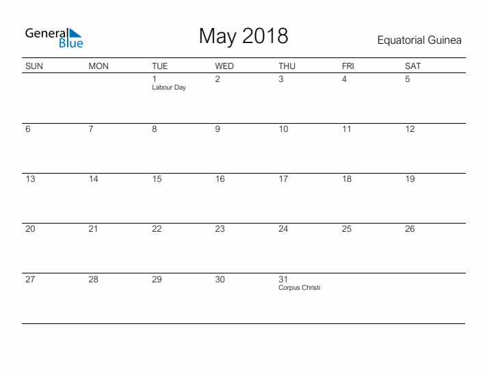 Printable May 2018 Calendar for Equatorial Guinea