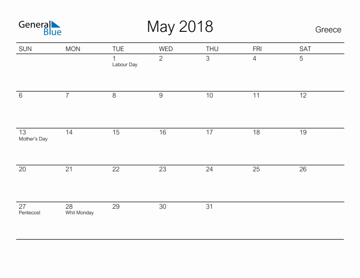 Printable May 2018 Calendar for Greece