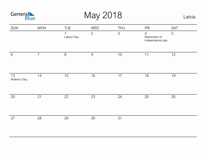 Printable May 2018 Calendar for Latvia