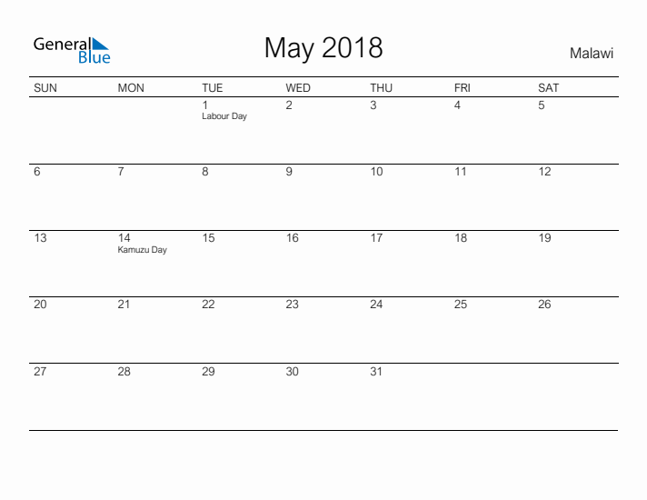 Printable May 2018 Calendar for Malawi