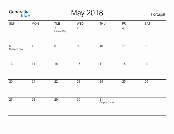 Printable May 2018 Calendar for Portugal