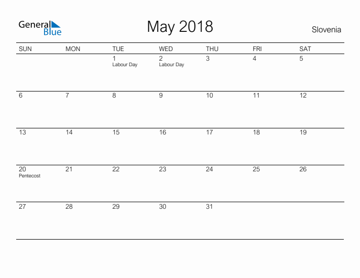 Printable May 2018 Calendar for Slovenia