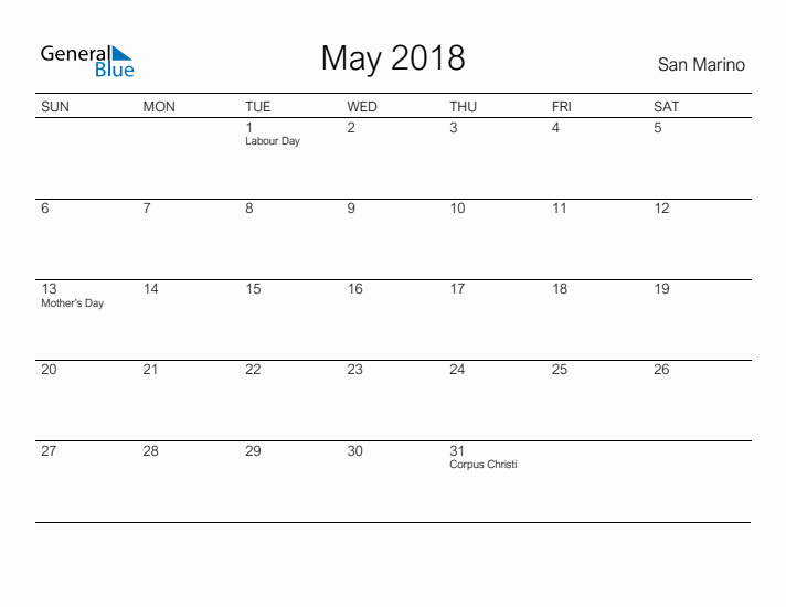 Printable May 2018 Calendar for San Marino