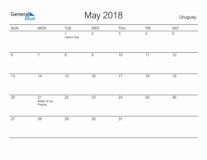 Printable May 2018 Calendar for Uruguay