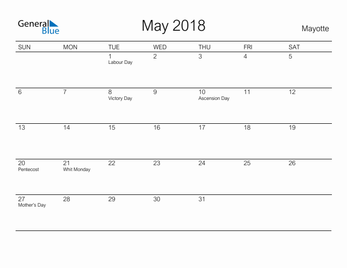 Printable May 2018 Calendar for Mayotte