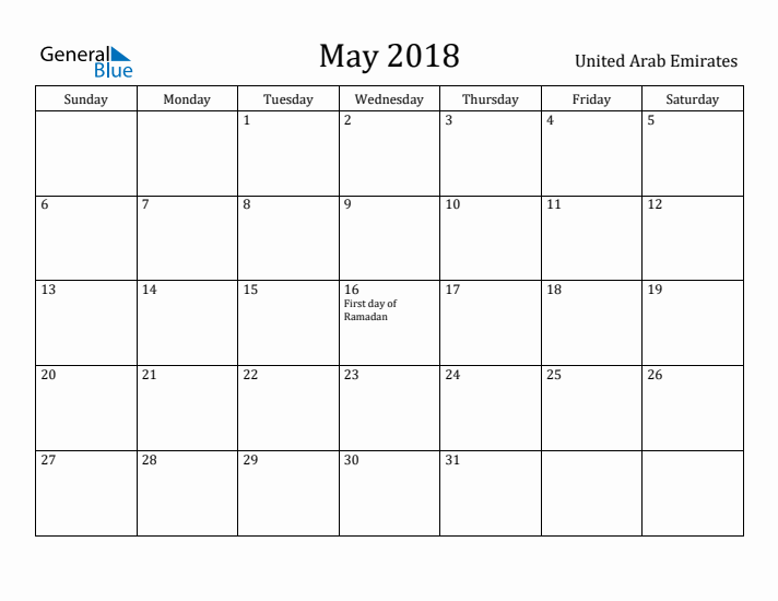 May 2018 Calendar United Arab Emirates