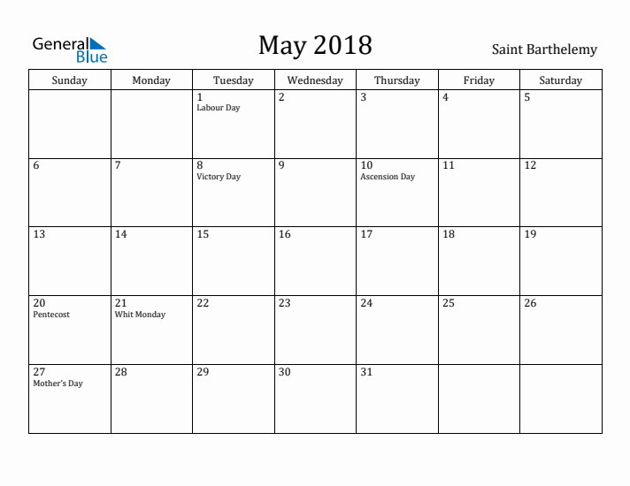 May 2018 Calendar Saint Barthelemy