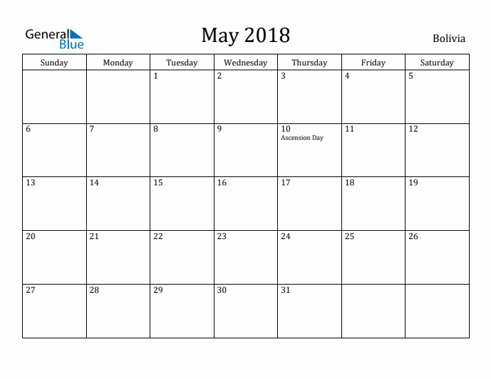 May 2018 Calendar Bolivia