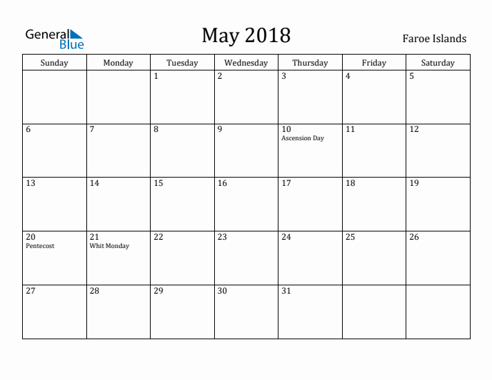 May 2018 Calendar Faroe Islands