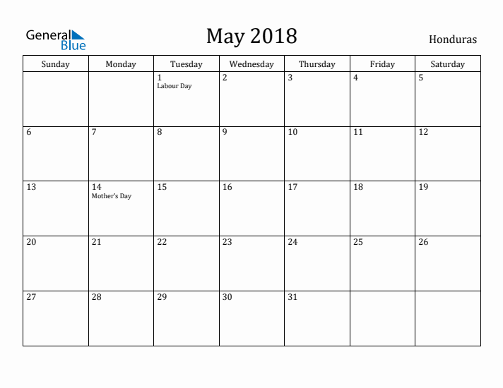 May 2018 Calendar Honduras