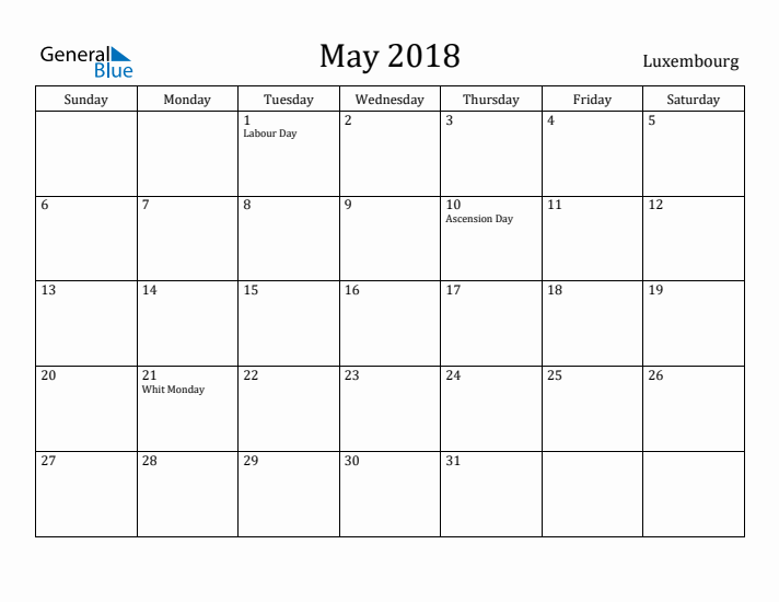 May 2018 Calendar Luxembourg