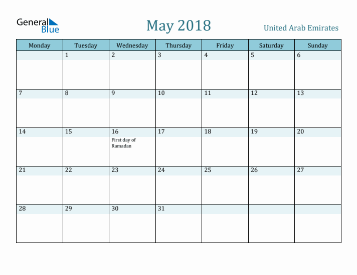 May 2018 Calendar with Holidays