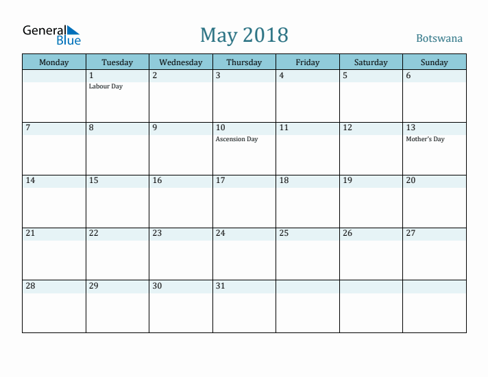 May 2018 Calendar with Holidays