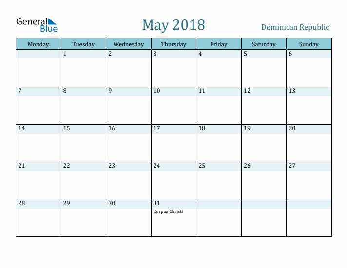 May 2018 Calendar with Holidays