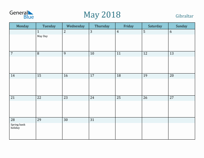 May 2018 Calendar with Holidays