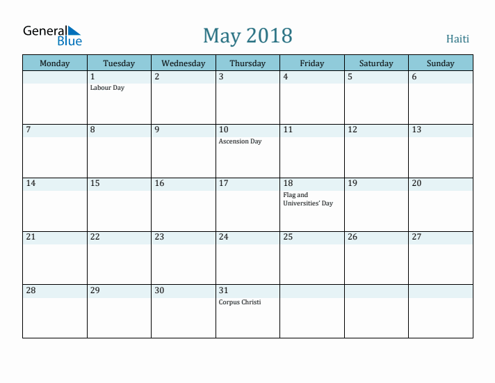 May 2018 Calendar with Holidays