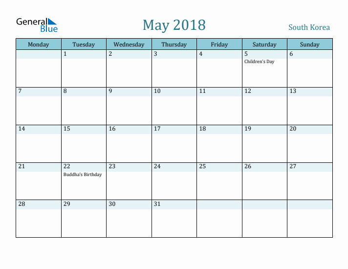 May 2018 Calendar with Holidays