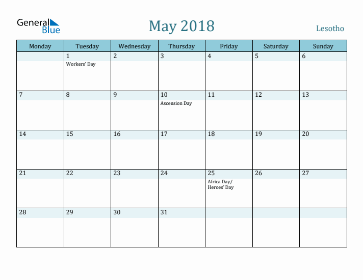 May 2018 Calendar with Holidays