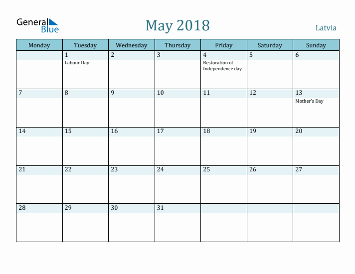 May 2018 Calendar with Holidays