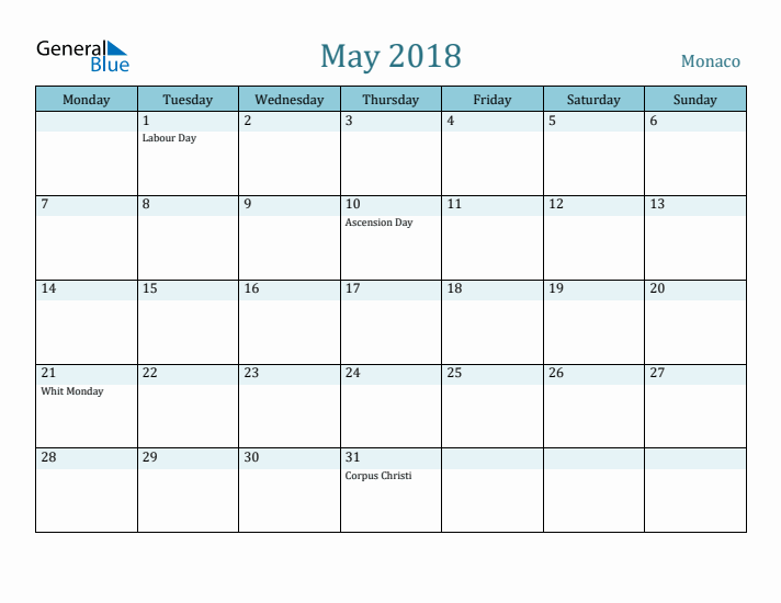 May 2018 Calendar with Holidays