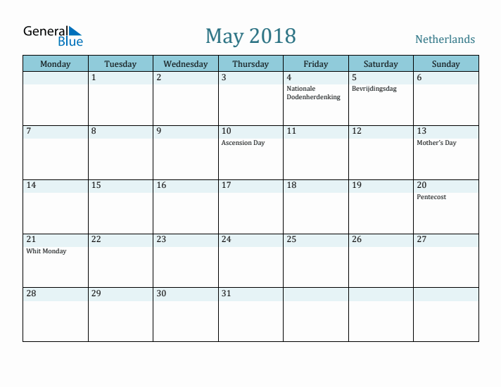 May 2018 Calendar with Holidays