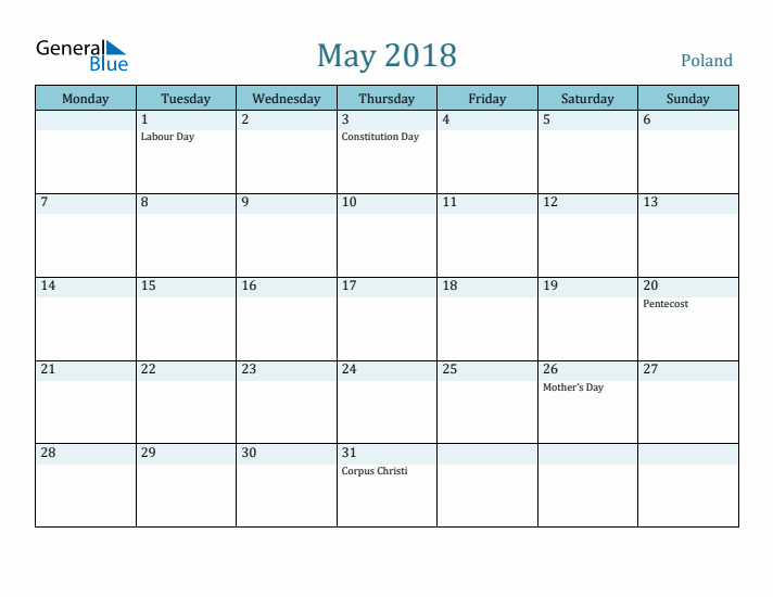 May 2018 Calendar with Holidays