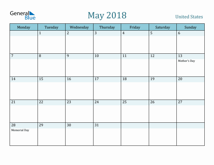 May 2018 Calendar with Holidays