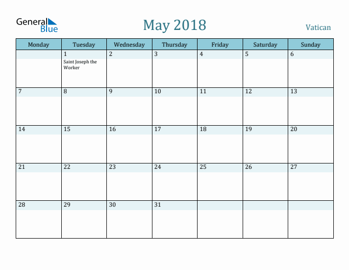 May 2018 Calendar with Holidays