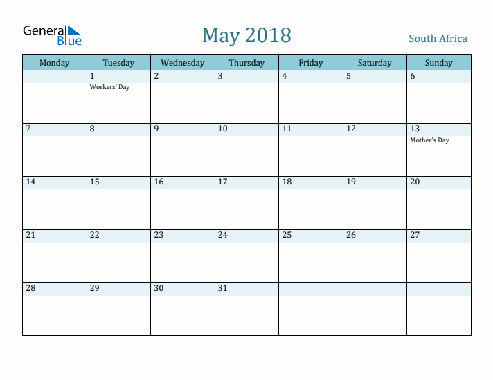 May 2018 Calendar with Holidays