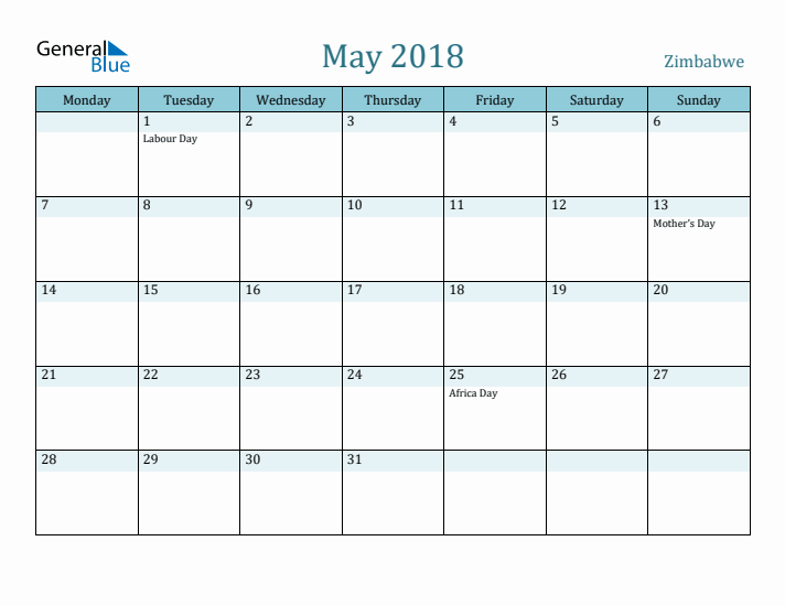 May 2018 Calendar with Holidays