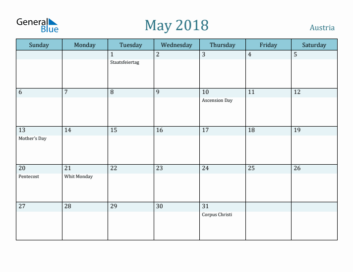 May 2018 Calendar with Holidays