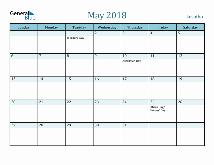 May 2018 Calendar with Holidays