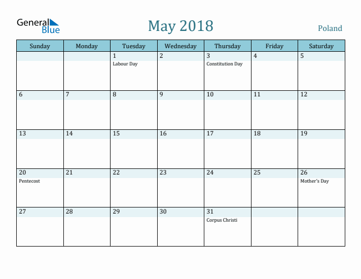 May 2018 Calendar with Holidays